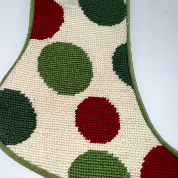 Peking Handicraft Needlepoint Christmas Stocking Wool Red Green Balls Faux Fir - Picture 2 of 8